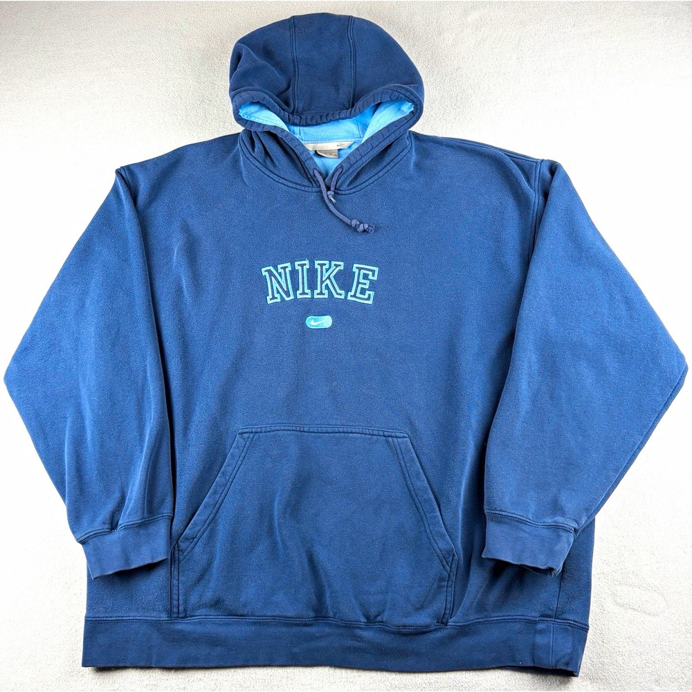 Vintage 2003 Nike Spellout Swoosh Hoodie Navy Blue Men's XXL Y2K Pullover